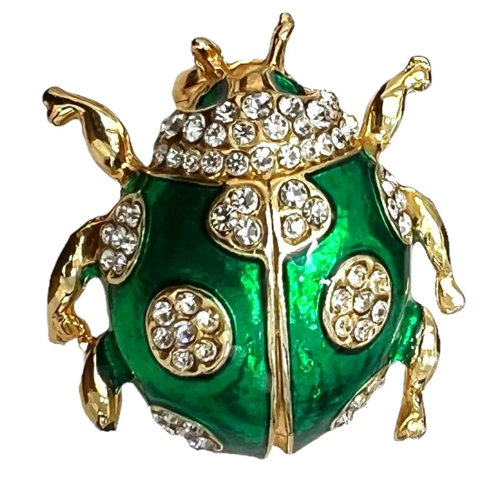 GREEN ENAMEL AND RHINESTONE/CRYSTAL LADYBUG GOLD TONE BROOCH